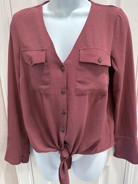 Monteau Dusty Rose Tie-Front Button Shirt